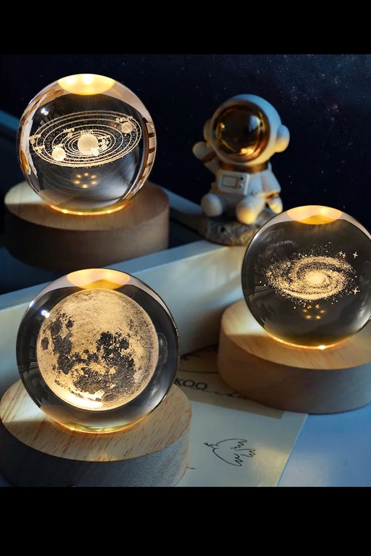 3D Galaxy Crystal Ball Night Lamp | Engraved LED Moon Light with Wooden Base | USB Decorative Table Lamp Gift
