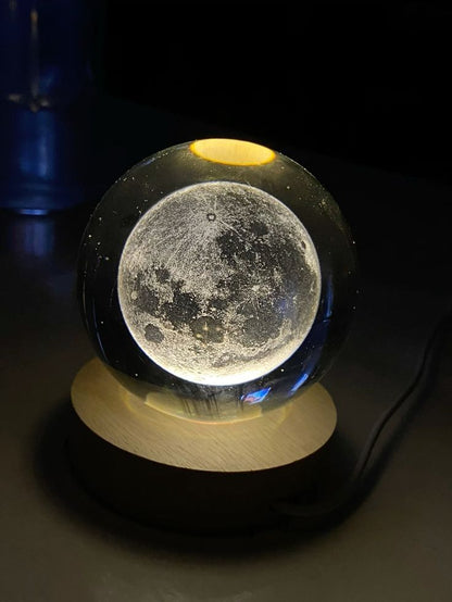 3D Galaxy Crystal Ball Night Lamp | Engraved LED Moon Light with Wooden Base | USB Decorative Table Lamp Gift