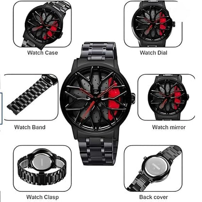 Men’s Car Wheel Spinning Stainless Steel Watch ⌚ | Quartz Movement | Scratch & Water Resistant