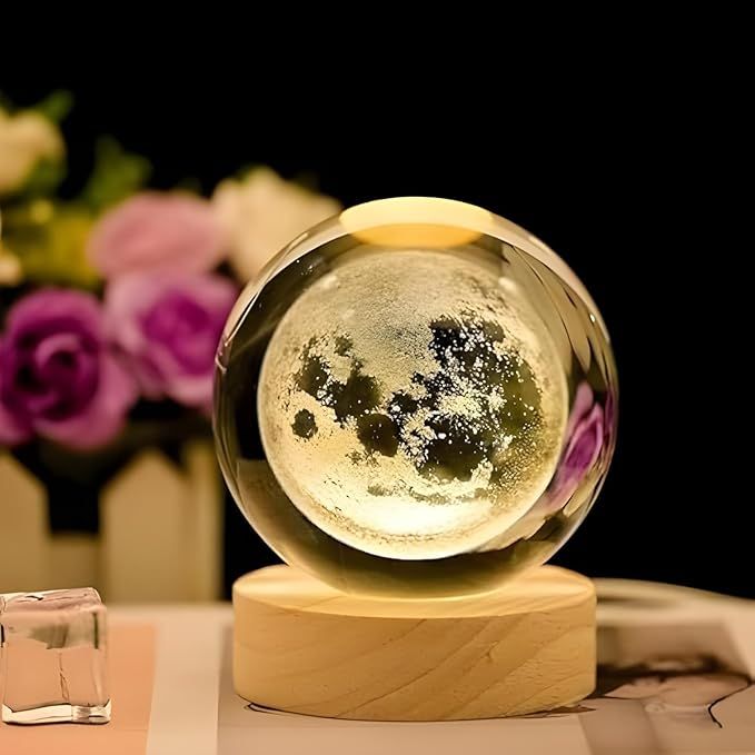 3D Galaxy Crystal Ball Night Lamp | Engraved LED Moon Light with Wooden Base | USB Decorative Table Lamp Gift