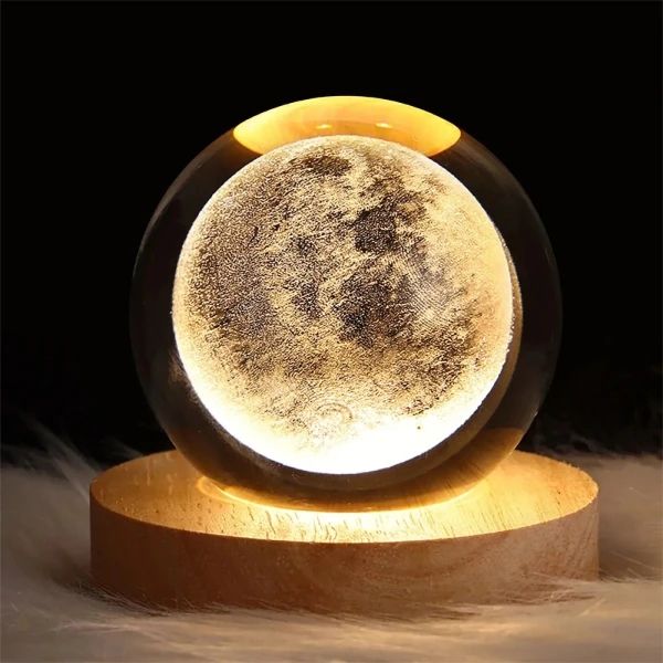 3D Galaxy Crystal Ball Night Lamp | Engraved LED Moon Light with Wooden Base | USB Decorative Table Lamp Gift