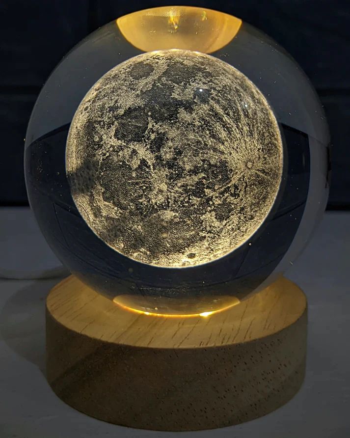 3D Galaxy Crystal Ball Night Lamp | Engraved LED Moon Light with Wooden Base | USB Decorative Table Lamp Gift