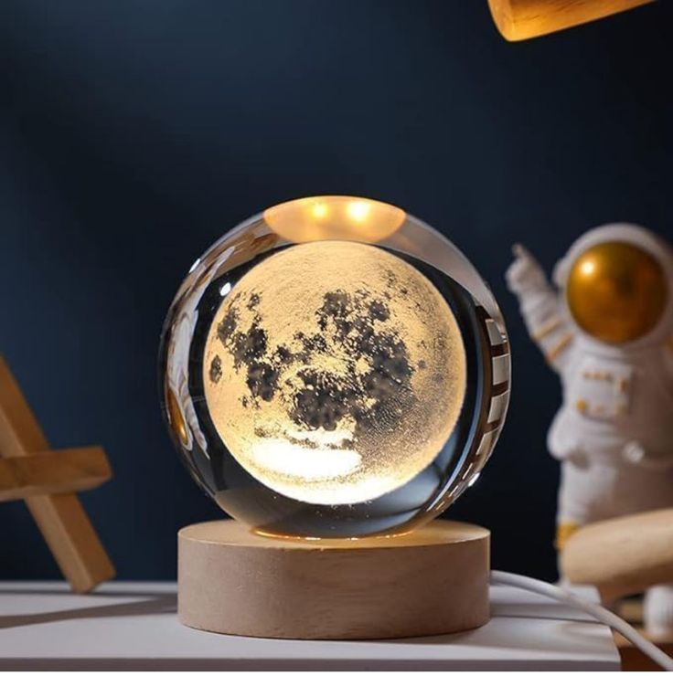 3D Galaxy Crystal Ball Night Lamp | Engraved LED Moon Light with Wooden Base | USB Decorative Table Lamp Gift