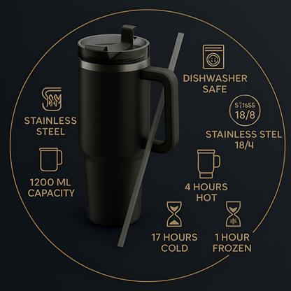 1200ML Stainless Steel Insulated Tumbler with Lid & Straw – Leakproof Travel Mug for Coffee, Water & Iced Tea